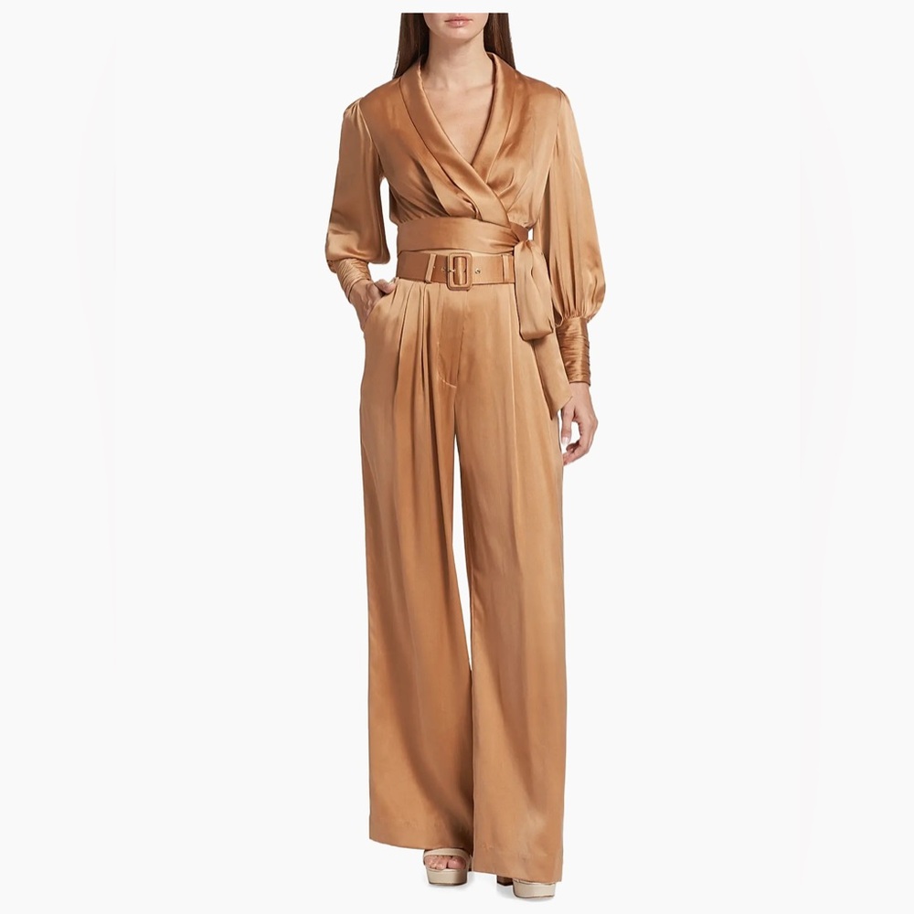 Zimmermann Tuck Belted Silk Wide-Leg Pants and Silk Crop Wrap Top-Size 0